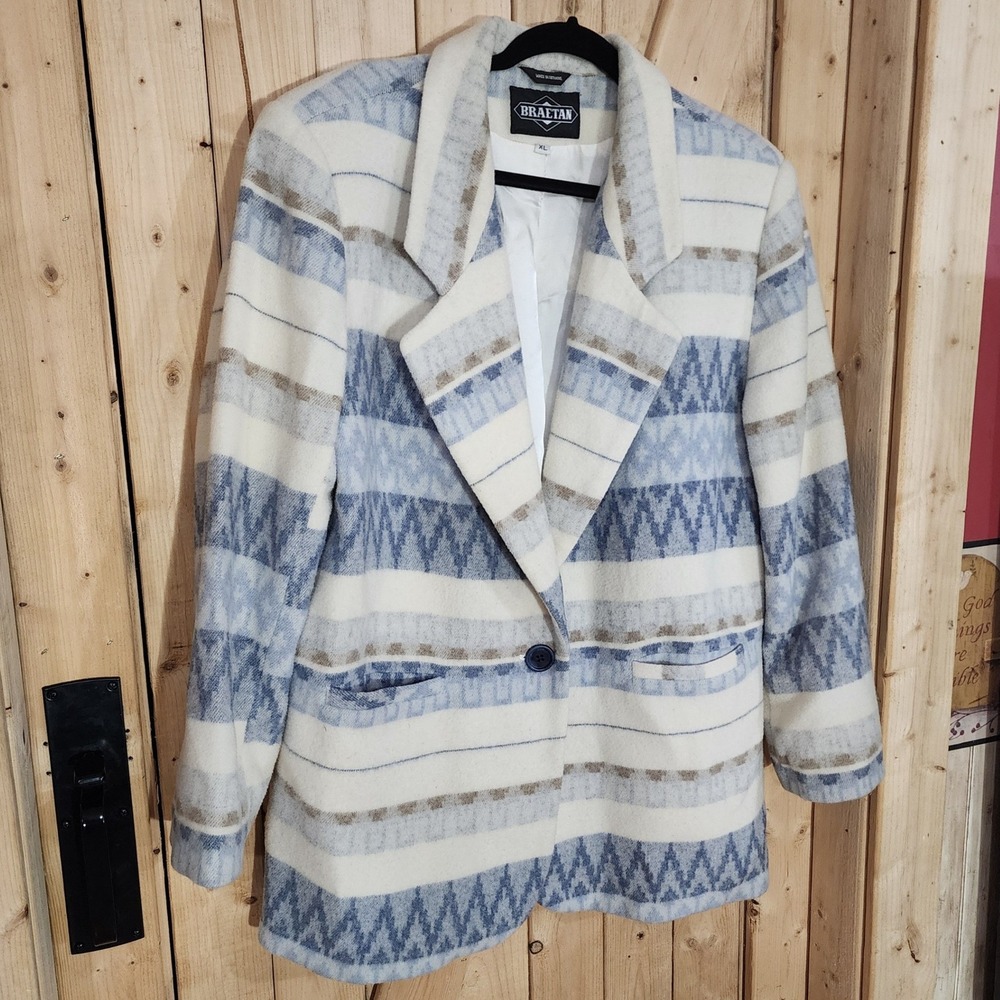VTG Braetan Southwestern Geometric Blazer Blue Cream XL wool blend
coat Ukraine